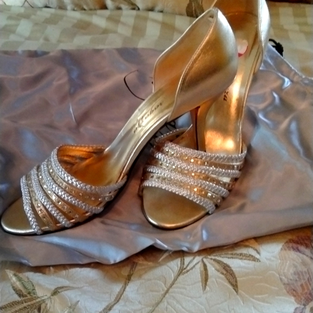 Gold , silver, rhinestone leather party shoes. Great for dancing lower heels.